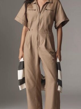 Anthropologie Daily Practice Short-Sleeve Utility Jumpsuit in Beige | M